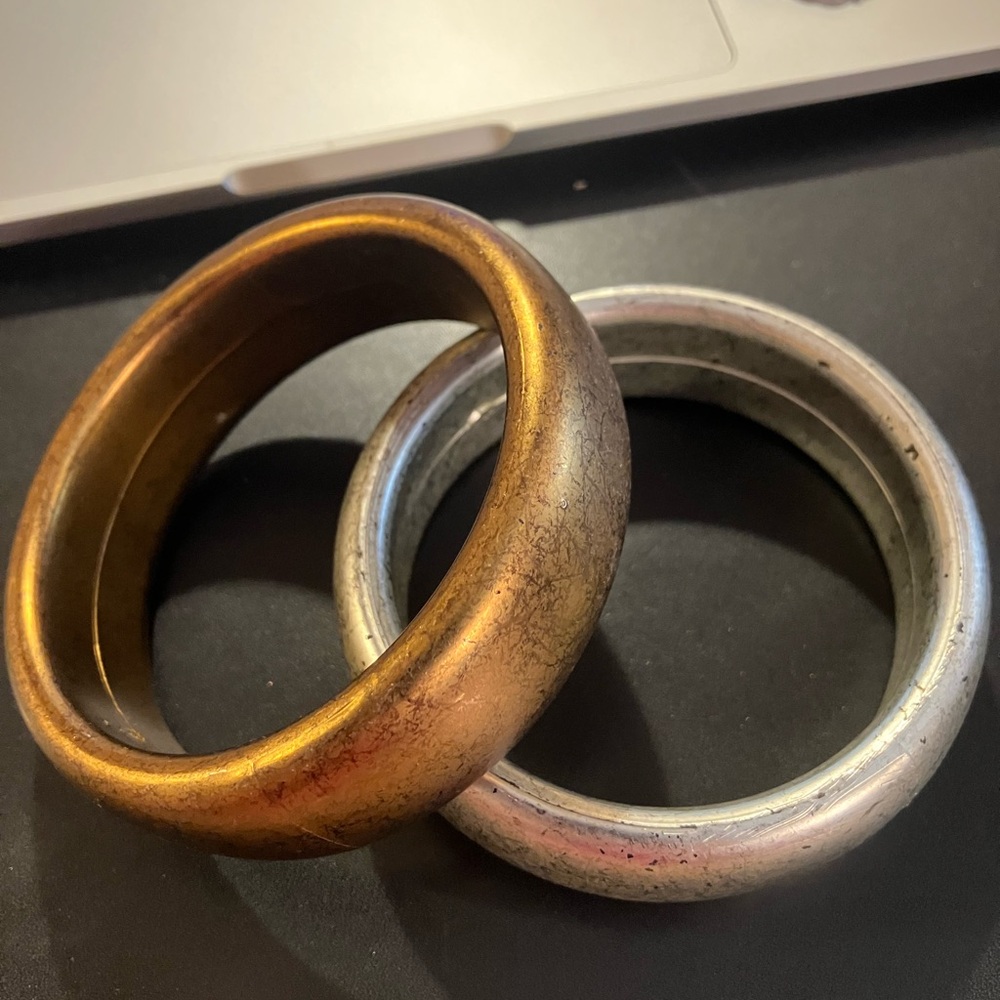 Lot 2 Gold silver painted wooden bangle bracelets vintage